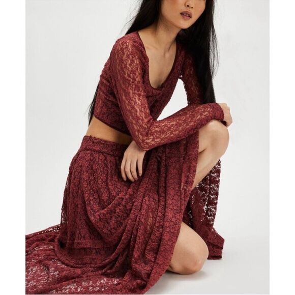 Free People Arcana Lace Top & Skirt Set in Marsala Combo - Picture 2 of 10